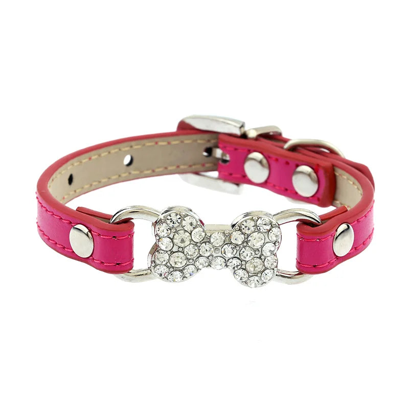 pawstrip 5 Colors Bling Rhinestone Small Dog Collar PU Leather Cat Collar Chihuahua Yorkie Teddy Pet Leads Solid Pet Collars S/M