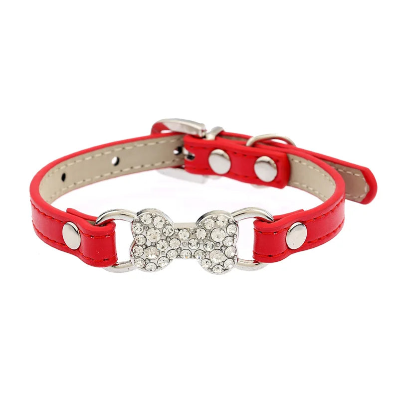 pawstrip 5 Colors Bling Rhinestone Small Dog Collar PU Leather Cat Collar Chihuahua Yorkie Teddy Pet Leads Solid Pet Collars S/M