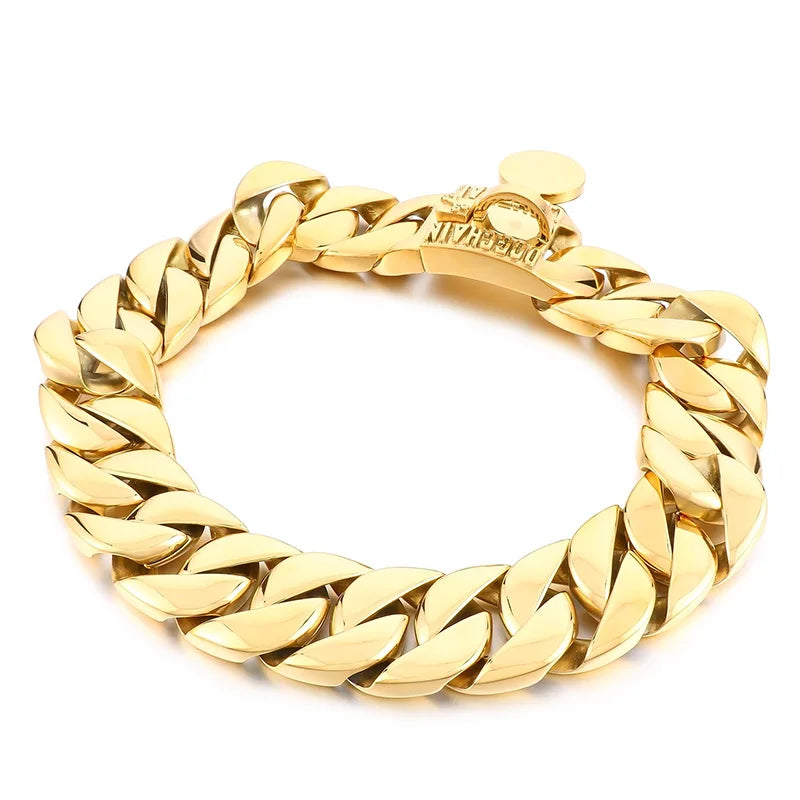 Golden Strong Stainless Steel Dog Chain Medium Large Pet Dog Collar Medal Tag Necklace Huge Cuban Chain 31mm 18.8'' 690g Heavy