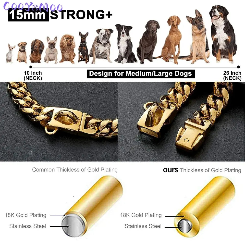 Strong Gold Dog Collar Stainless Steel Cuban Link Chain 14mm Wide Metal Pet Necklace for Small Medium Large Dog Collar Product