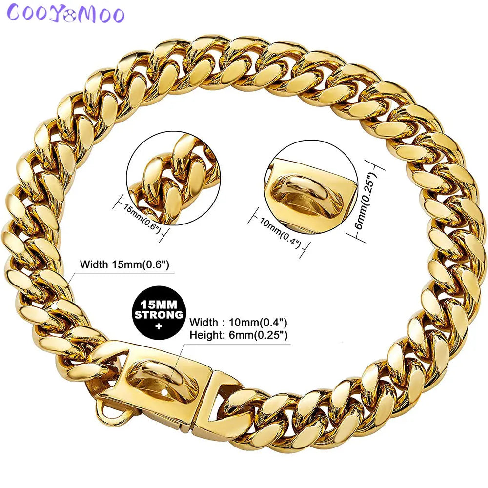 Strong Gold Dog Collar Stainless Steel Cuban Link Chain 14mm Wide Metal Pet Necklace for Small Medium Large Dog Collar Product