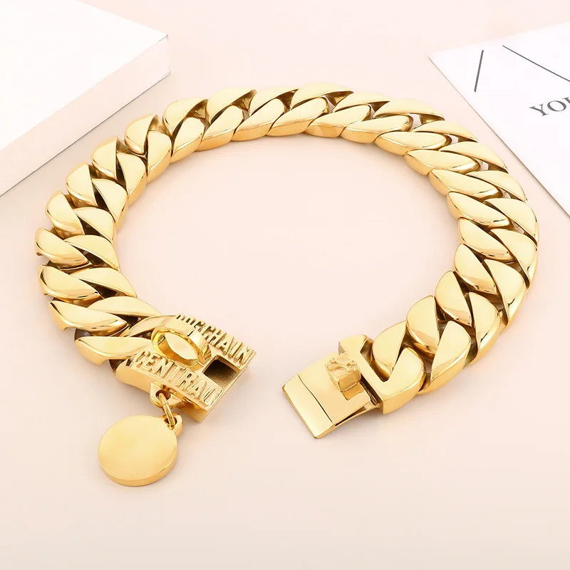 Golden Strong Stainless Steel Dog Chain Medium Large Pet Dog Collar Medal Tag Necklace Huge Cuban Chain 31mm 18.8'' 690g Heavy