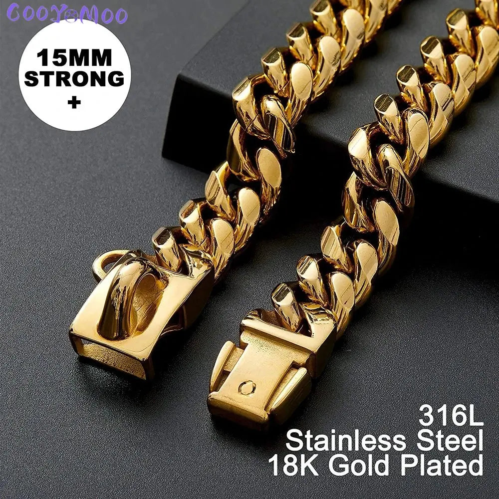 Strong Gold Dog Collar Stainless Steel Cuban Link Chain 14mm Wide Metal Pet Necklace for Small Medium Large Dog Collar Product