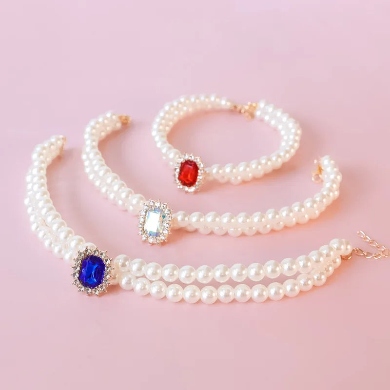 Pearl Dog Collar Necklaces Luxury Bling Rhinestones Wedding Collar Crystal Jewelry for Dogs Cat Clothes Costume Pet Accessories