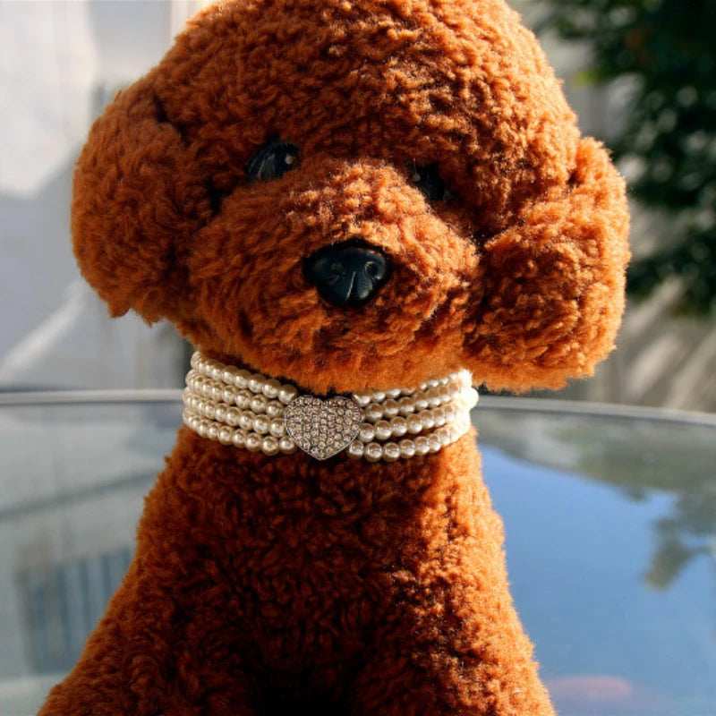 Luxury Noble Dog Pearls Necklace Adjustable Bling Dog Wedding Collar with Rhinestone Heart Charm for Puppy Cats Pet Supplies