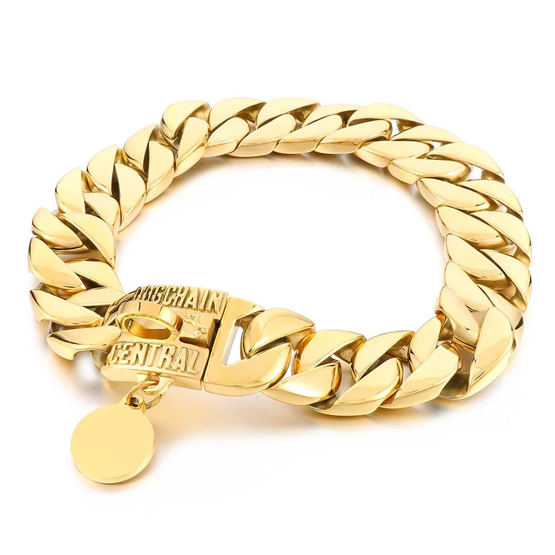 Golden Strong Stainless Steel Dog Chain Medium Large Pet Dog Collar Medal Tag Necklace Huge Cuban Chain 31mm 18.8'' 690g Heavy