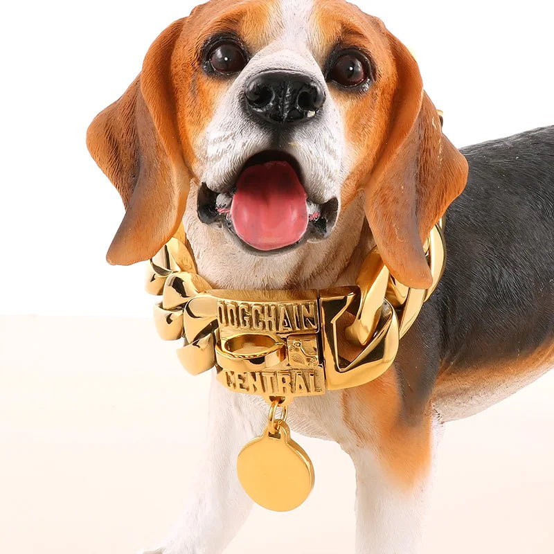 Golden Strong Stainless Steel Dog Chain Medium Large Pet Dog Collar Medal Tag Necklace Huge Cuban Chain 31mm 18.8'' 690g Heavy