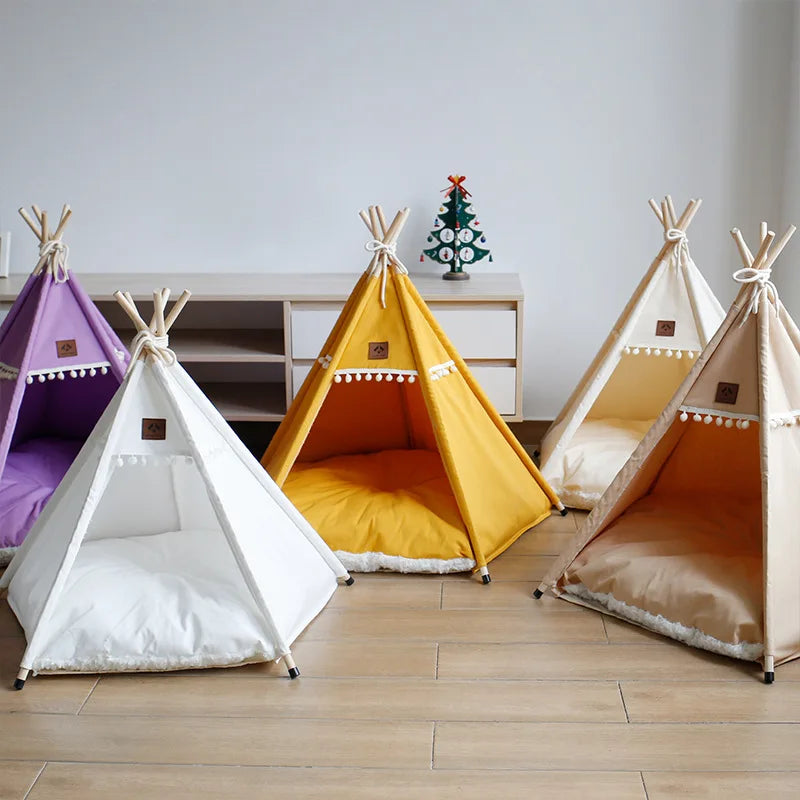 Pet Cat Tent Dog House Bed with Thick Cushion for Cats Dogs Deep Sleeping Indoor Canvas Soft Indian Puppy Teepee