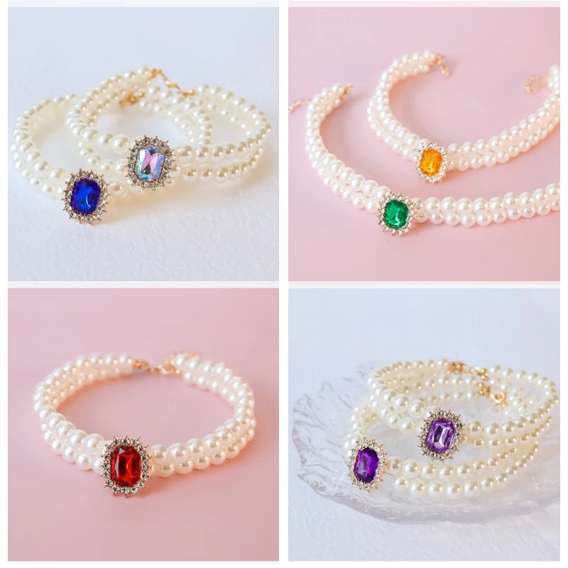Pearl Dog Collar Necklaces Luxury Bling Rhinestones Wedding Collar Crystal Jewelry for Dogs Cat Clothes Costume Pet Accessories